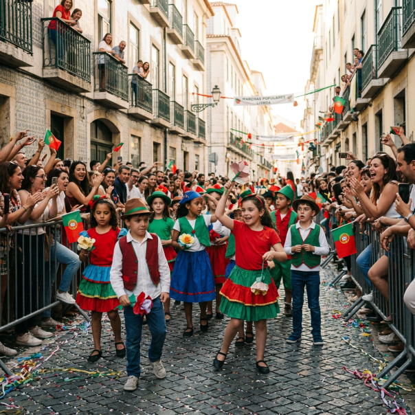 Children in traditional Portuguese costumes walking in a festive street parade with onlookers cheering