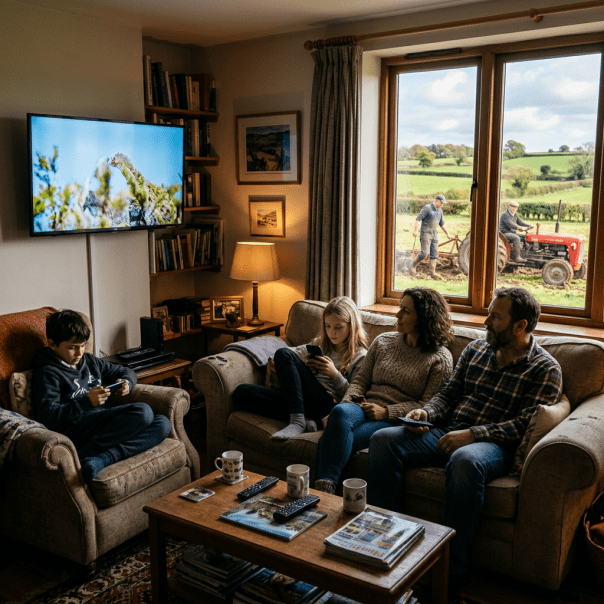 Family of four sitting in a cozy living room with a large window showing farmers working in a green field
