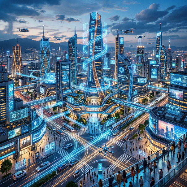 Futuristic city with illuminated skyscrapers, flying drones, and smart technology displays