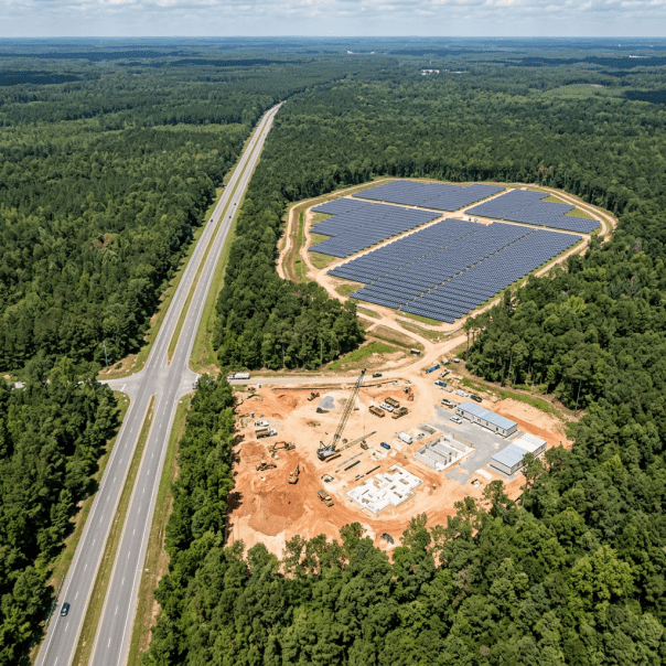 Solar panel array beside a highway with construction site in foreground