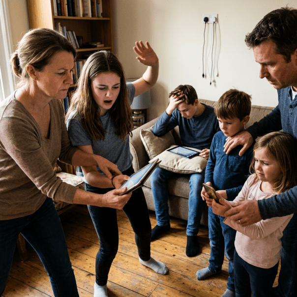Family members gathered in a living room, talking and using digital devices